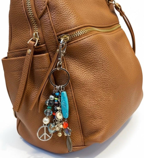 Boho Beaded Bag Charm, Keychain, Eclectic Mixed Media Charm Cluster with Peace Sign, Turquoise & Silver Accents - Whimsical Purse Accssories