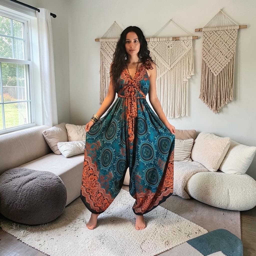 Boho Jumpsuit, Bohemian Clothing, Boho jumpsuit Harem Pants, Loose Yoga Festival Pants, Wide Leg Women Festival Pants, Hippie Summer Romper