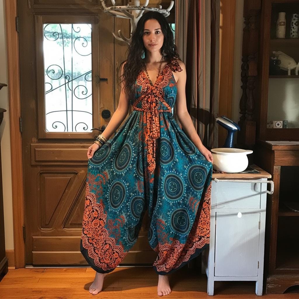 Boho Jumpsuit, Bohemian Clothing, Boho jumpsuit Harem Pants, Loose Yoga Festival Pants, Wide Leg Women Festival Pants, Hippie Summer Romper