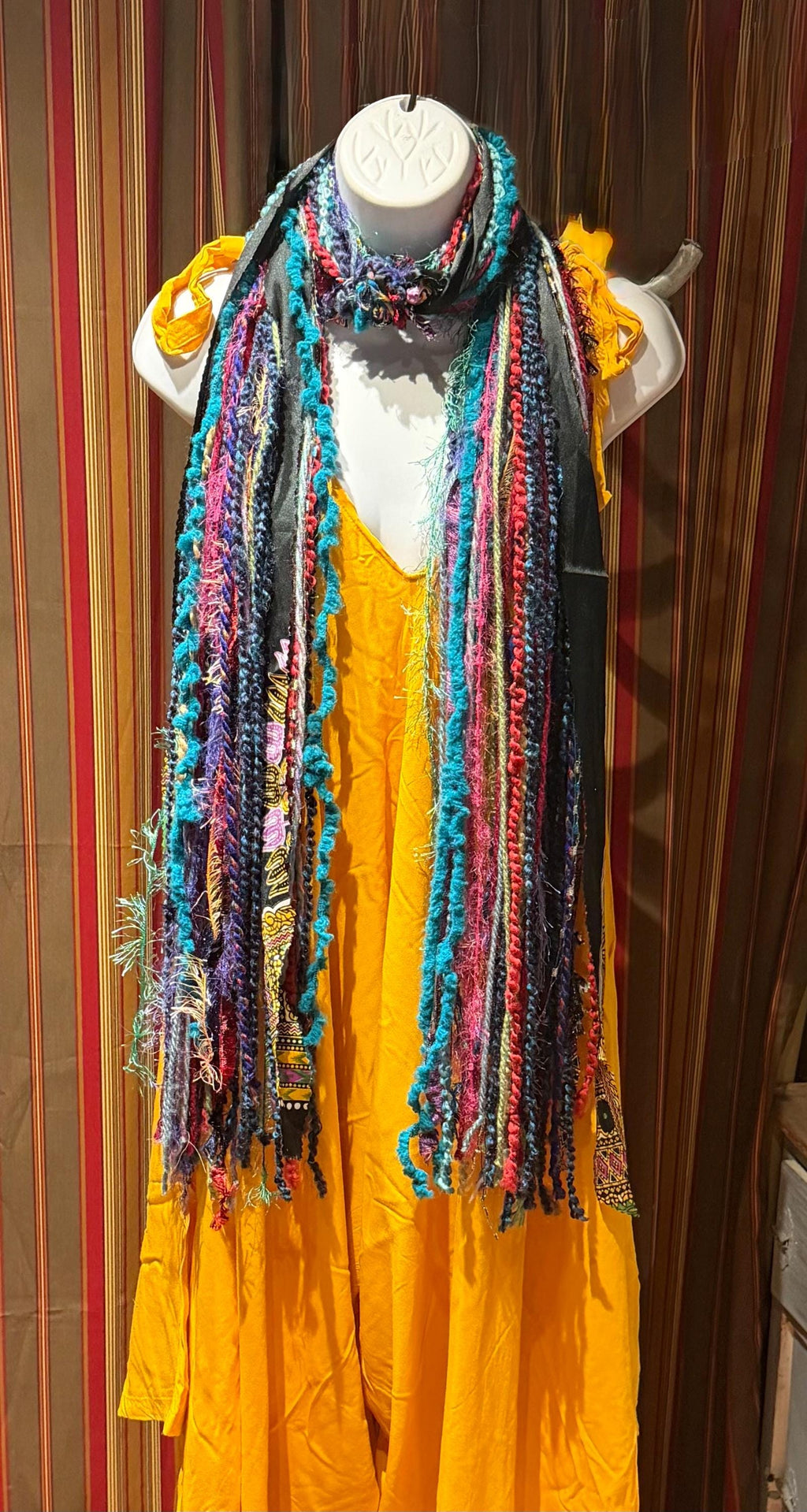 Boho Fringe Festival Long Scarf, gift for her, Yarn Ribbon Scarf,Bohemian Recycled Vintage Silk Sari Yarns Ribbons, Hippie Fringe Scarf