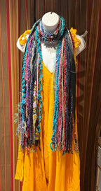 Boho Fringe Festival Long Scarf, gift for her, Yarn Ribbon Scarf,Bohemian Recycled Vintage Silk Sari Yarns Ribbons, Hippie Fringe Scarf