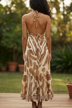 Boho Silk Blend Maxi Dress, Ruffle Hemline, Tassel Straps, Teal Ethnic Print