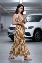 Boho Silk Blend Maxi Dress, Ruffle Hemline, Tassel Straps, Teal Ethnic Print