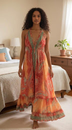 Boho Silk Blend Maxi Dress, Ruffle Hemline, Tassel Straps, Red Mix Colors Ethnic Print