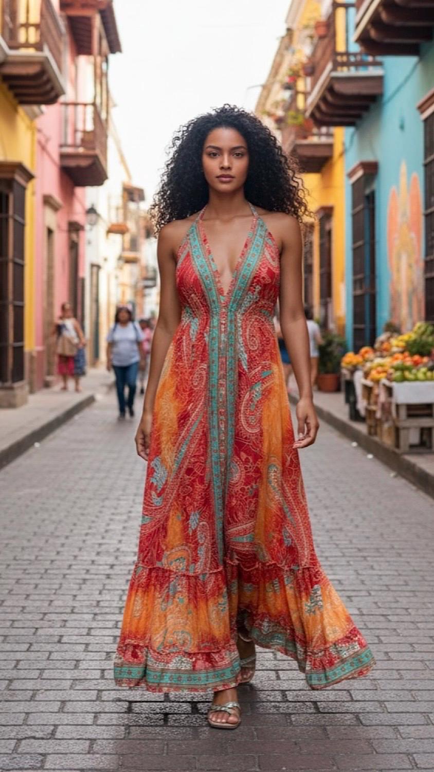 Boho Silk Blend Maxi Dress, Ruffle Hemline, Tassel Straps, Red Mix Colors Ethnic Print