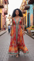 Boho Silk Blend Maxi Dress, Ruffle Hemline, Tassel Straps, Red Mix Colors Ethnic Print