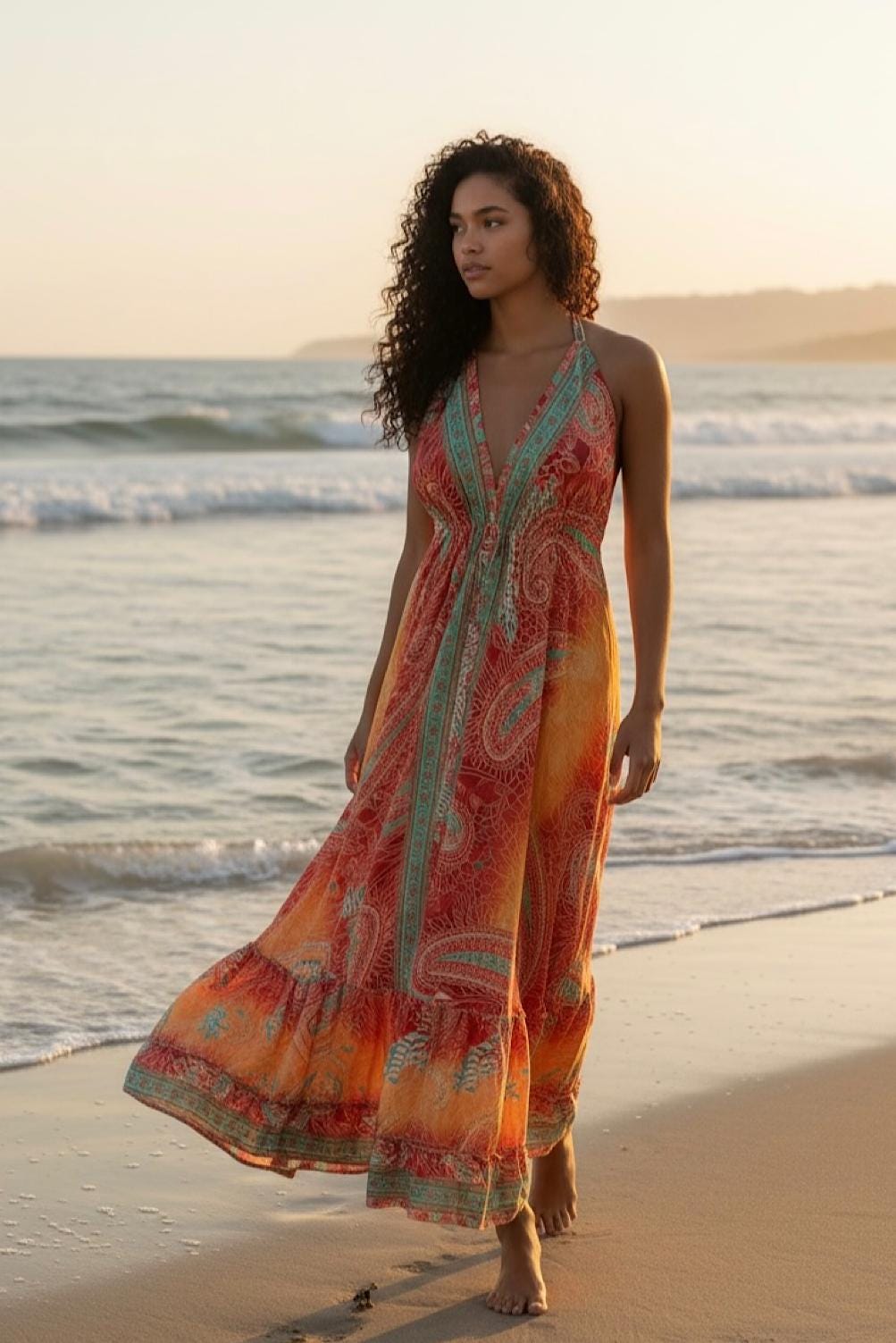 Boho Silk Blend Maxi Dress, Ruffle Hemline, Tassel Straps, Red Mix Colors Ethnic Print