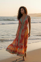 Boho Silk Blend Maxi Dress, Ruffle Hemline, Tassel Straps, Red Mix Colors Ethnic Print