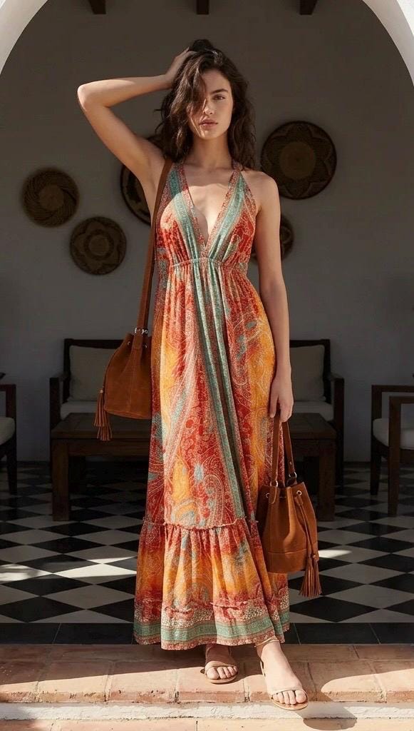 Boho Silk Blend Maxi Dress, Ruffle Hemline, Tassel Straps, Red Mix Colors Ethnic Print