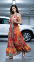 Boho Silk Blend Maxi Dress, Ruffle Hemline, Tassel Straps, Red Mix Colors Ethnic Print