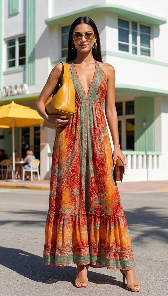 Boho Silk Blend Maxi Dress, Ruffle Hemline, Tassel Straps, Red Mix Colors Ethnic Print