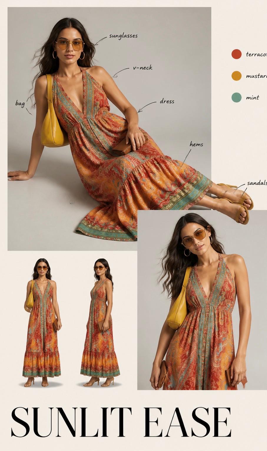 Boho Silk Blend Maxi Dress, Ruffle Hemline, Tassel Straps, Red Mix Colors Ethnic Print