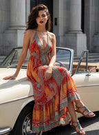 Boho Silk Blend Maxi Dress, Ruffle Hemline, Tassel Straps, Red Mix Colors Ethnic Print