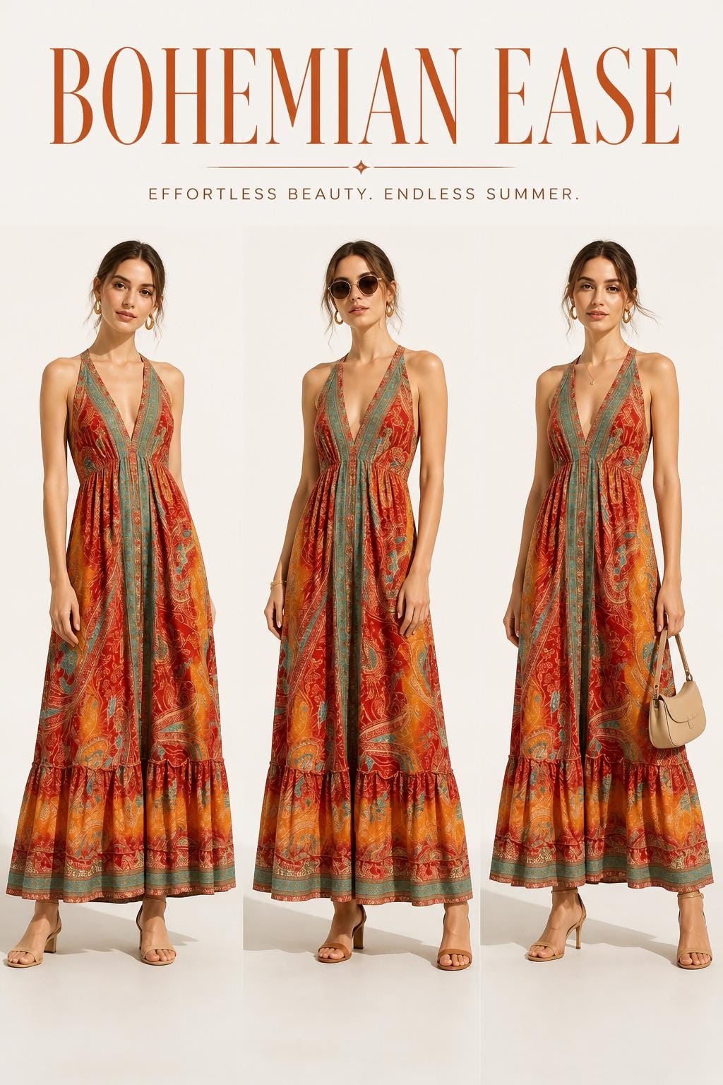 Boho Silk Blend Maxi Dress, Ruffle Hemline, Tassel Straps, Red Mix Colors Ethnic Print