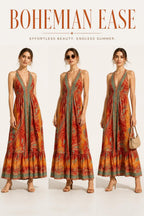 Boho Silk Blend Maxi Dress, Ruffle Hemline, Tassel Straps, Red Mix Colors Ethnic Print