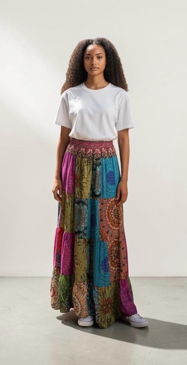 Ethnic, Hippie, Festival, Patchwork, Bohemian skirt, detail view from Ariel La Boutique