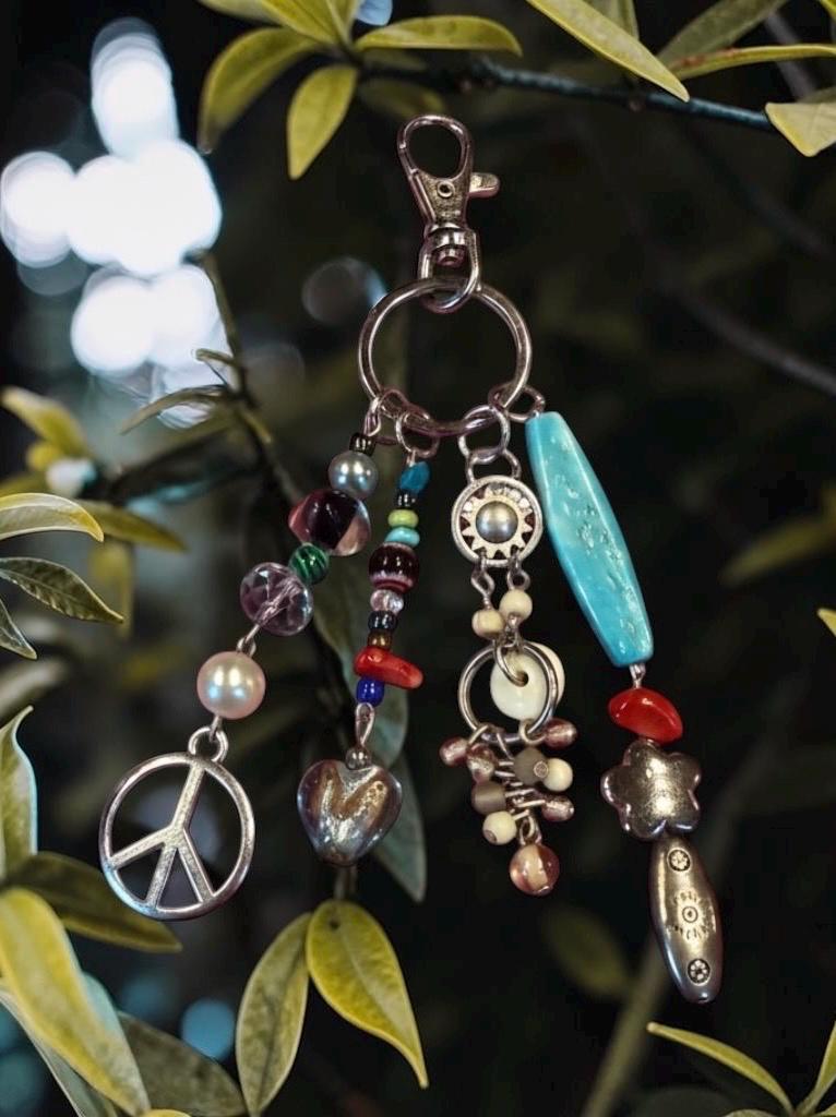 Boho Beaded Bag Charm, Keychain, Eclectic Mixed Media Charm Cluster with Peace Sign, Turquoise & Silver Accents - Whimsical Purse Accssories