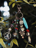 Boho Beaded Bag Charm, Keychain, Eclectic Mixed Media Charm Cluster with Peace Sign, Turquoise & Silver Accents - Whimsical Purse Accssories