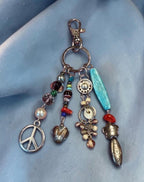 Boho Beaded Bag Charm, Keychain, Eclectic Mixed Media Charm Cluster with Peace Sign, Turquoise & Silver Accents - Whimsical Purse Accssories