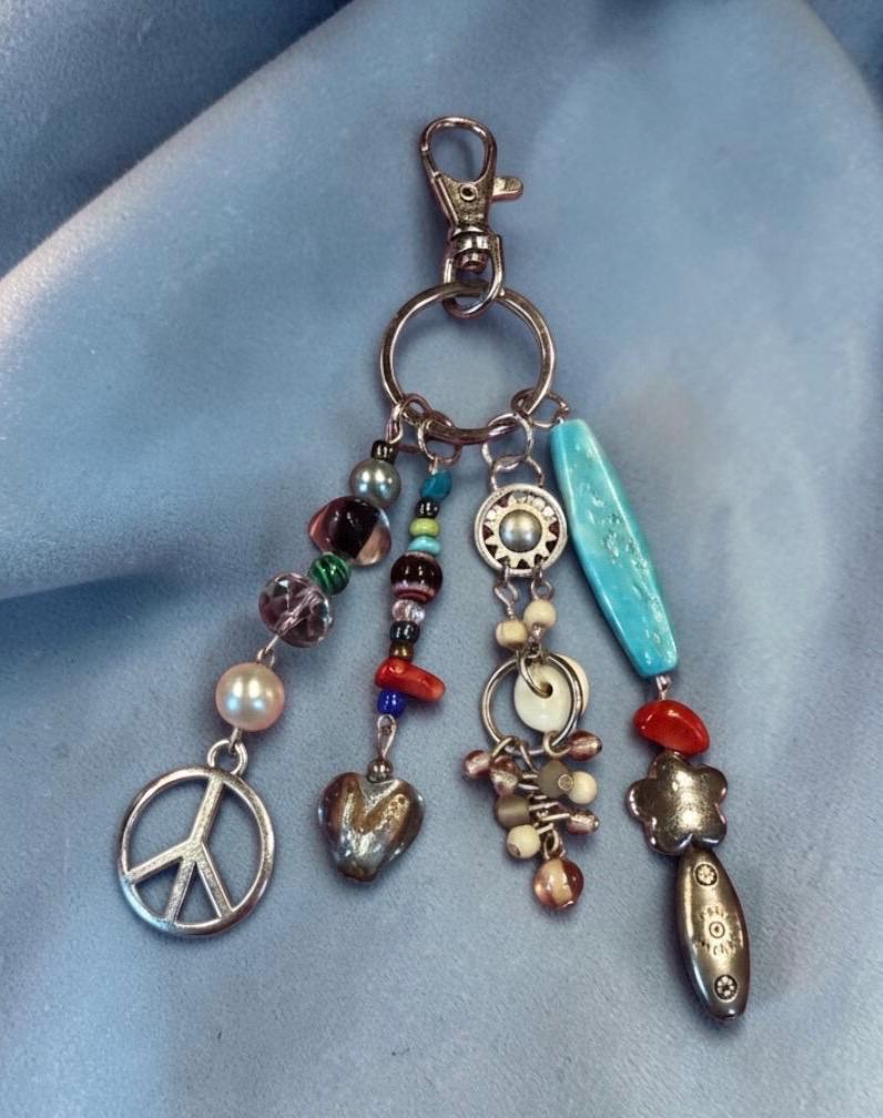Boho Beaded Bag Charm, Keychain, Eclectic Mixed Media Charm Cluster with Peace Sign, Turquoise & Silver Accents - Whimsical Purse Accssories