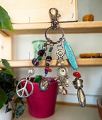 Boho Beaded Bag Charm, Keychain, Eclectic Mixed Media Charm Cluster with Peace Sign, Turquoise & Silver Accents - Whimsical Purse Accssories