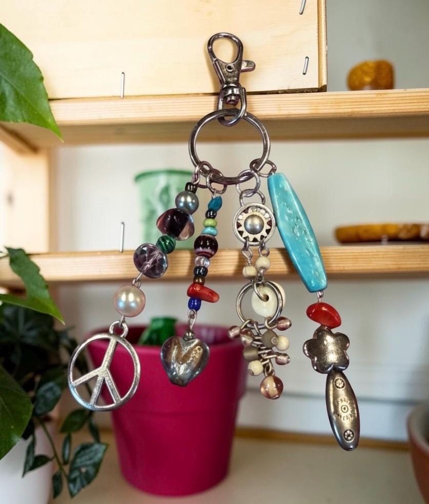 Boho Beaded Bag Charm, Keychain, Eclectic Mixed Media Charm Cluster with Peace Sign, Turquoise & Silver Accents - Whimsical Purse Accssories