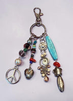 Boho Beaded Bag Charm, Keychain, Eclectic Mixed Media Charm Cluster with Peace Sign, Turquoise & Silver Accents - Whimsical Purse Accssories