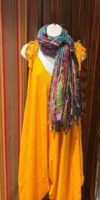 Boho Fringe Festival Long Scarf, gift for her, Yarn Ribbon Scarf,Bohemian Recycled Vintage Silk Sari Yarns Ribbons, Hippie Fringe Scarf