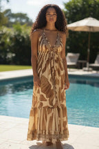 Boho Silk Blend Maxi Dress, Ruffle Hemline, Tassel Straps, Teal Ethnic Print