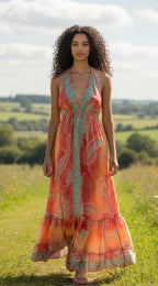 Boho Silk Blend Maxi Dress, Ruffle Hemline, Tassel Straps, Red Mix Colors Ethnic Print