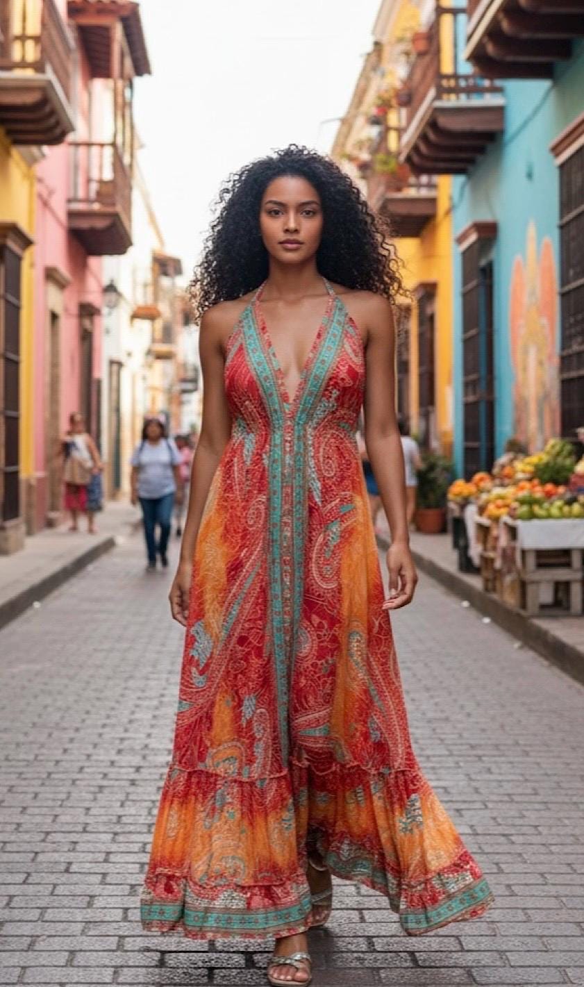 Boho Silk Blend Maxi Dress, Ruffle Hemline, Tassel Straps, Red Mix Colors Ethnic Print