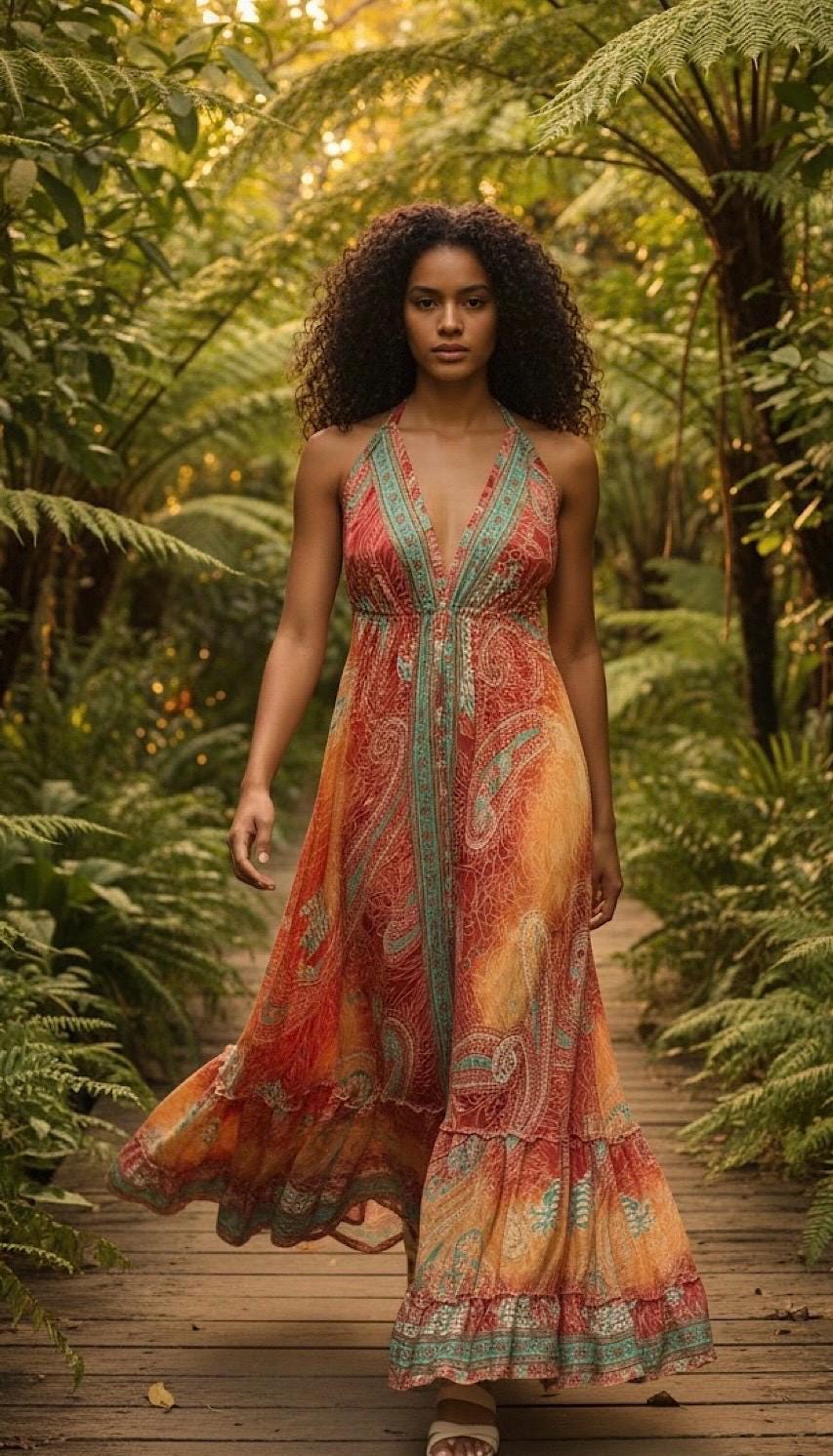 Boho Silk Blend Maxi Dress, Ruffle Hemline, Tassel Straps, Red Mix Colors Ethnic Print