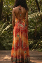 Boho Silk Blend Maxi Dress, Ruffle Hemline, Tassel Straps, Red Mix Colors Ethnic Print
