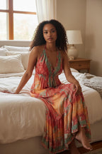 Boho Silk Blend Maxi Dress, Ruffle Hemline, Tassel Straps, Red Mix Colors Ethnic Print