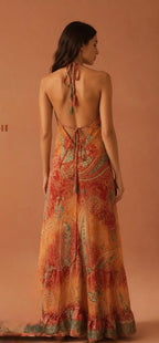 Boho Silk Blend Maxi Dress, Ruffle Hemline, Tassel Straps, Red Mix Colors Ethnic Print