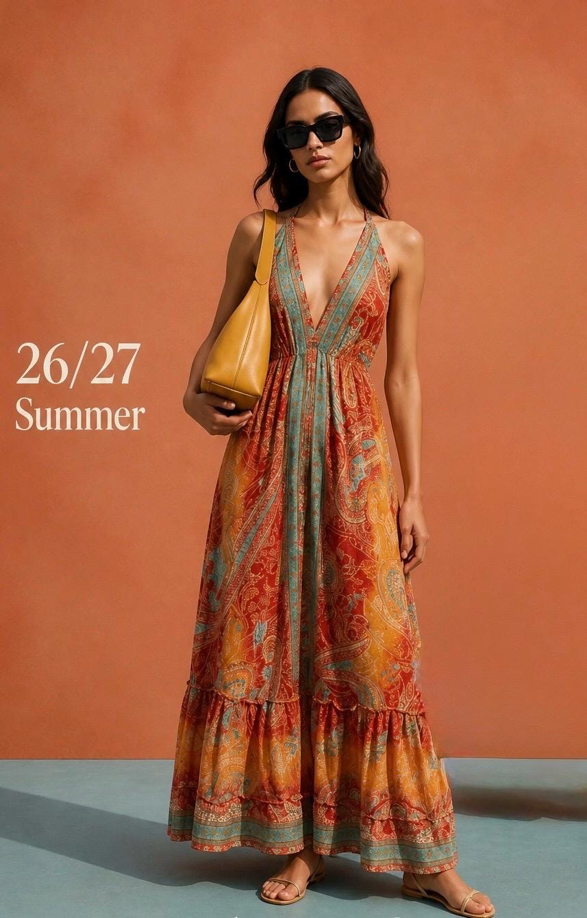 Boho Silk Blend Maxi Dress, Ruffle Hemline, Tassel Straps, Red Mix Colors Ethnic Print